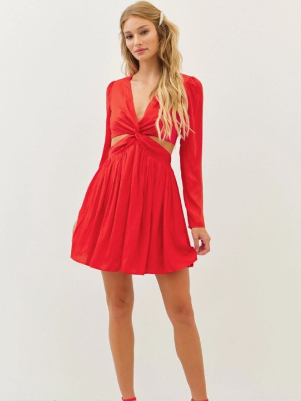Red Twist Front Cutout Long Sleeve V Neck Flowy Mini Dress Party NWT #D107